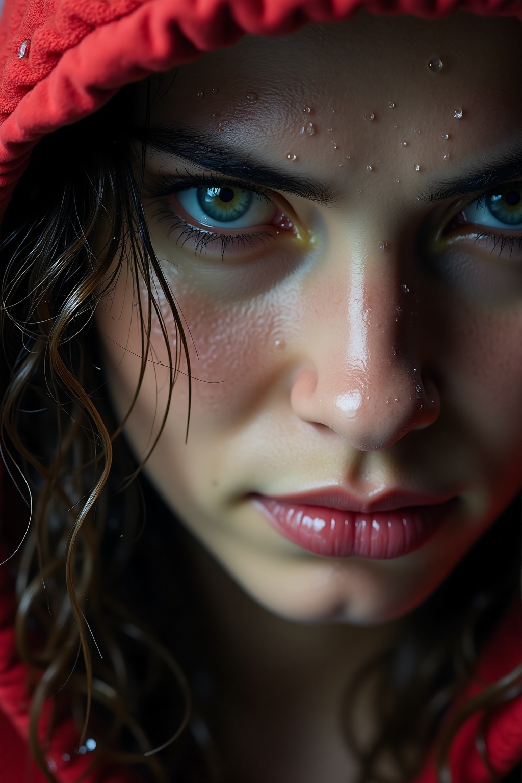 A close-up portrait of a person with wet hair and droplets of water on their face,  wearing a red hood. The individual has...