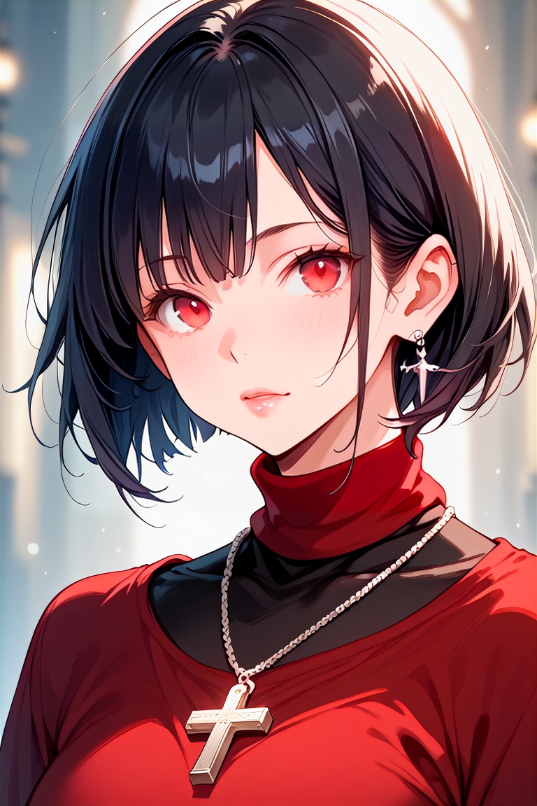 score_9, score_8_up, score_7_up, SLVTK, 1girl, solo, short hair, black hair, jewelry, looking at viewer, necklace, cross, portrait, bangs, red eyes, closed mouth, turtleneck, blurry background, cross necklace, lips, piercing, blurry, bob cut, eyelashes
