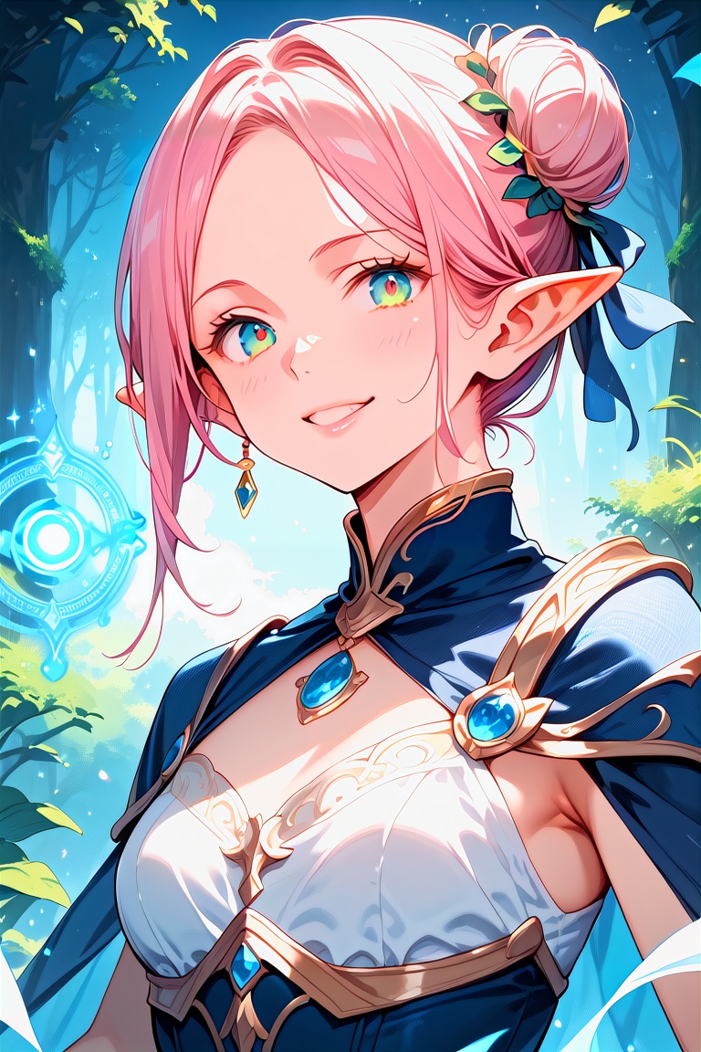 (score_9, score_8_up, score_7_up), (masterpiece), highest quality, (close up), 1girl, sexy elf sorceress, pink hair, elegant double bun hair, perfect detailed green eyes, beautiful detailed face, slim, small breasts, elegant light armor, (confident smile), hands pulsating with blue magic energy, ( blue magic effects), (casting spell), dynamic pose, blue magic particles, glowing particles, outdoors, daytime, serene forest, detailed background
