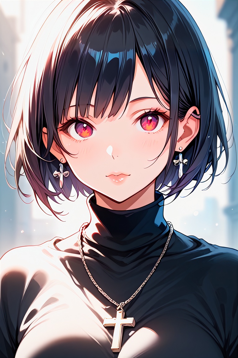 score_9, score_8_up, score_7_up, 1girl, solo, short hair, black hair, jewelry, looking at viewer, necklace, cross, portrait, bangs, red eyes, closed mouth, turtleneck, blurry background, cross necklace, lips, piercing, blurry, bob cut, eyelashes
