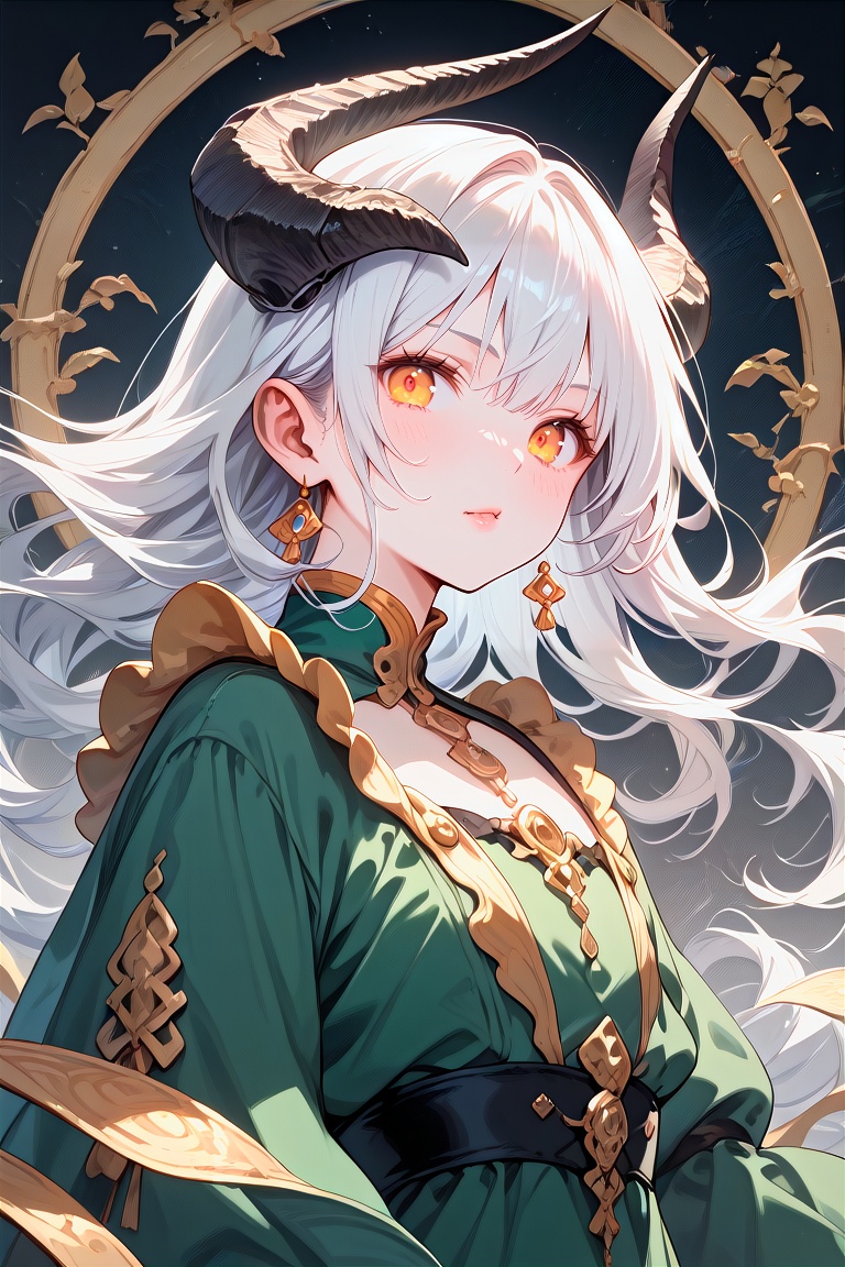 score_9, score_8_up, score_7_up, beautyfull color, aesthetic, 1girl, solo, twisted ram's horns, freckles, white hair, long bangs, golden eyes, vertical pupils, pale skin, green dress, BREAK medium shot, detailed background
