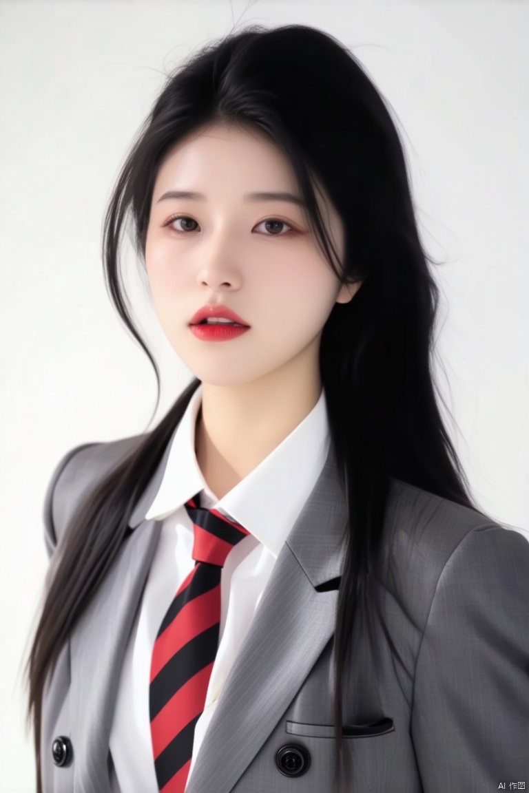 a young Asian woman with long dark black hair stands against a pure white background. She is wearing a white button up shirt, a red and black striped tie, and a gray suit jacket. Her suit jacket is decorated with black buttons, adding a touch of contrast to her outfit. Her lips were painted bold red, adding a strong touch to her face.