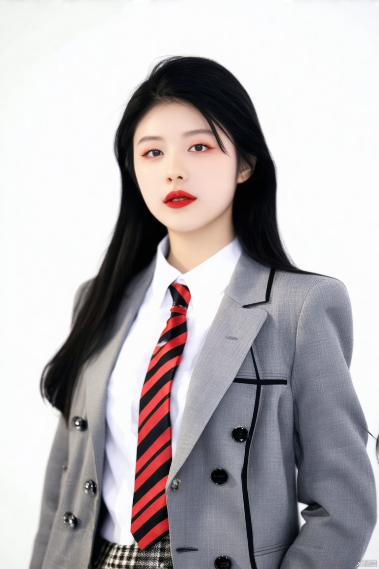 a young Asian woman with long dark black hair stands against a pure white background. She is wearing a white button up shirt, a red and black striped tie, and a gray suit jacket. Her suit jacket is decorated with black buttons, adding a touch of contrast to her outfit. Her lips were painted bold red, adding a strong touch to her face.