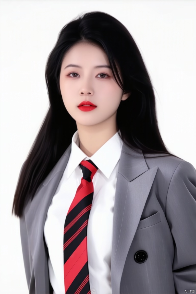 a young Asian woman with long dark black hair stands against a pure white background. She is wearing a white button up shirt, a red and black striped tie, and a gray suit jacket. Her suit jacket is decorated with black buttons, adding a touch of contrast to her outfit. Her lips were painted bold red, adding a strong touch to her face.