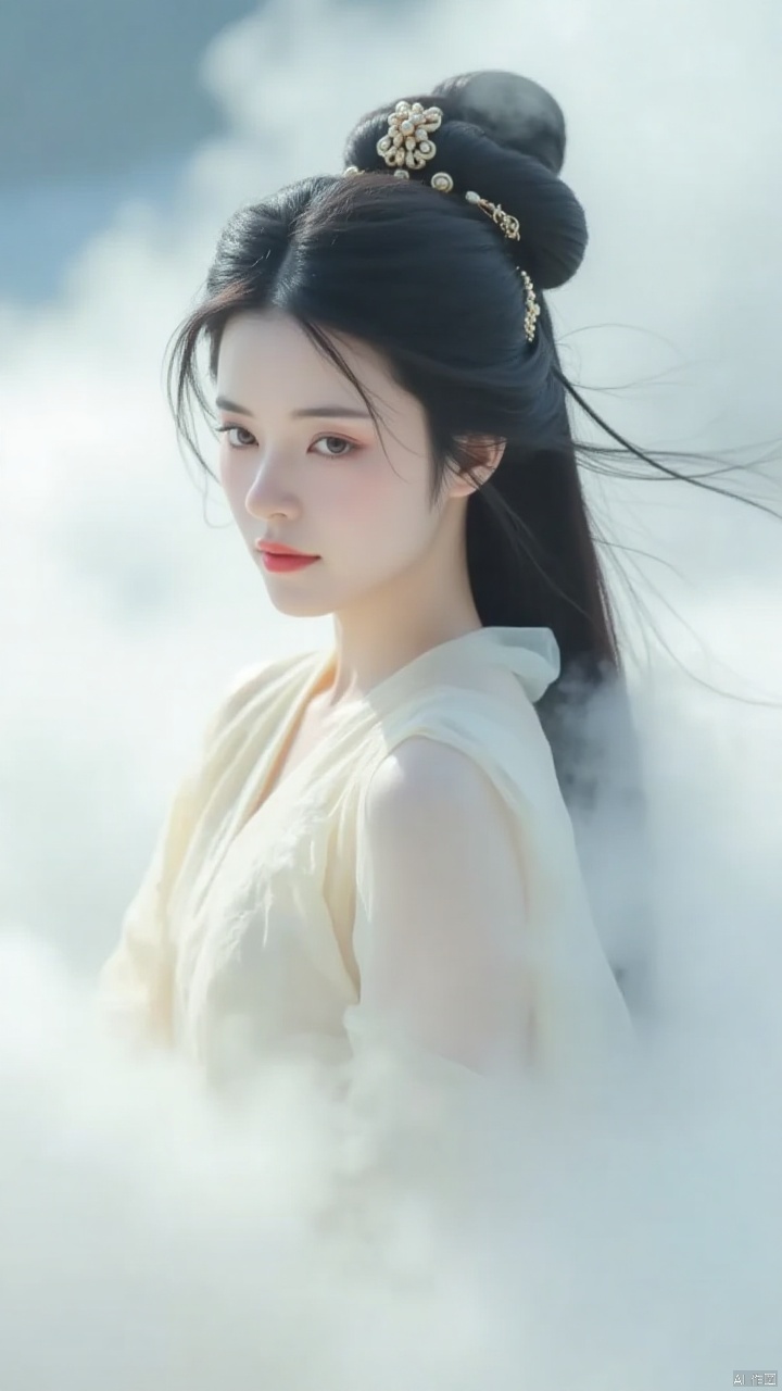Chinese portrait photography, featuring ancient style beauties and unparalleled beauties. The lower part of the image is shrouded in white mist, creating a bright environment amidst clouds. Canon camera portrait shooting, 135mm, aperture 1.4, ultra realistic real person post production special effects, long shot,wide shot, A beautiful fairy, white dress, beautiful cheeks, high quality, masterpiece, masterpiece, ultra high definition, 8K