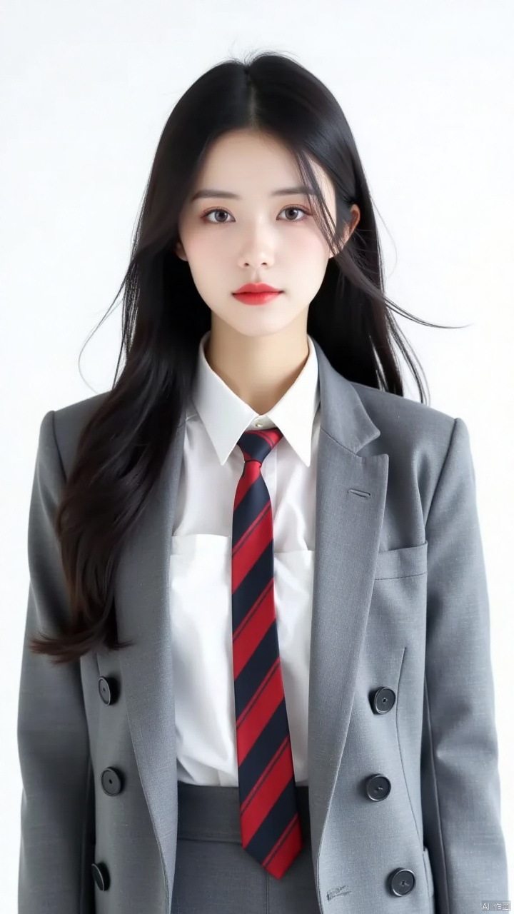 a young Asian woman with long dark black hair stands against a pure white background. She is wearing a white button up shirt, a red and black striped tie, and a gray suit jacket. Her suit jacket is decorated with black buttons, adding a touch of contrast to her outfit. Her lips were painted bold red, adding a strong touch to her face.
