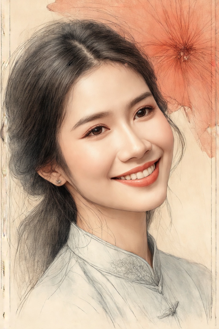 A delicate profile portrait of a Vietnamese woman,  rendered in vibrant color line art reminiscent of Basil Wolverton's wh...