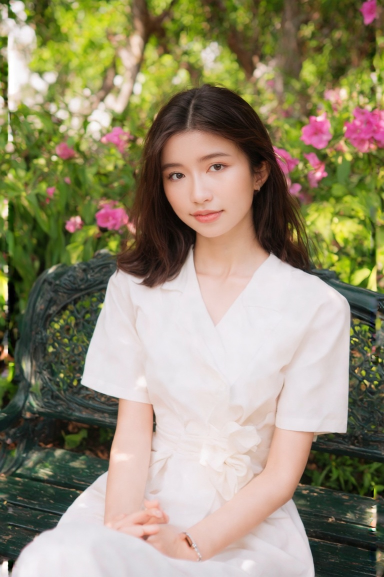 A serene masterpiece captures a young woman in her early twenties sitting on a park bench in high definition . Her gentle...