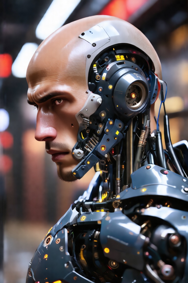 A highly detailed cyberpunk male cyborg with a completely bald head,  realistic human features,  and intricate mechanical...