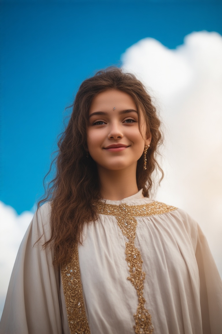 Byzantine girl with blue sky and white clouds background,  sexy outfit,  upper body on Tensor.Art
