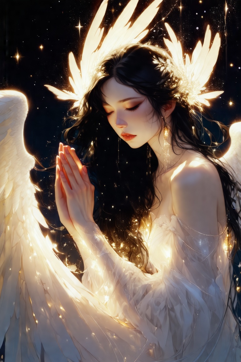 (a beautiful angel in the style of Carne Griffiths,  Conrad Roset),  (composition by Alphonse Mucha) on Tensor.Art