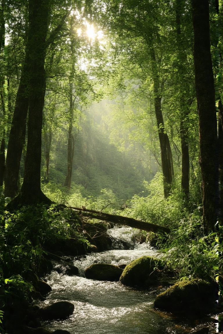A serene forest landscape,  Realistic,  The image should depict a peaceful forest scene with dappled sunlight filtering th...