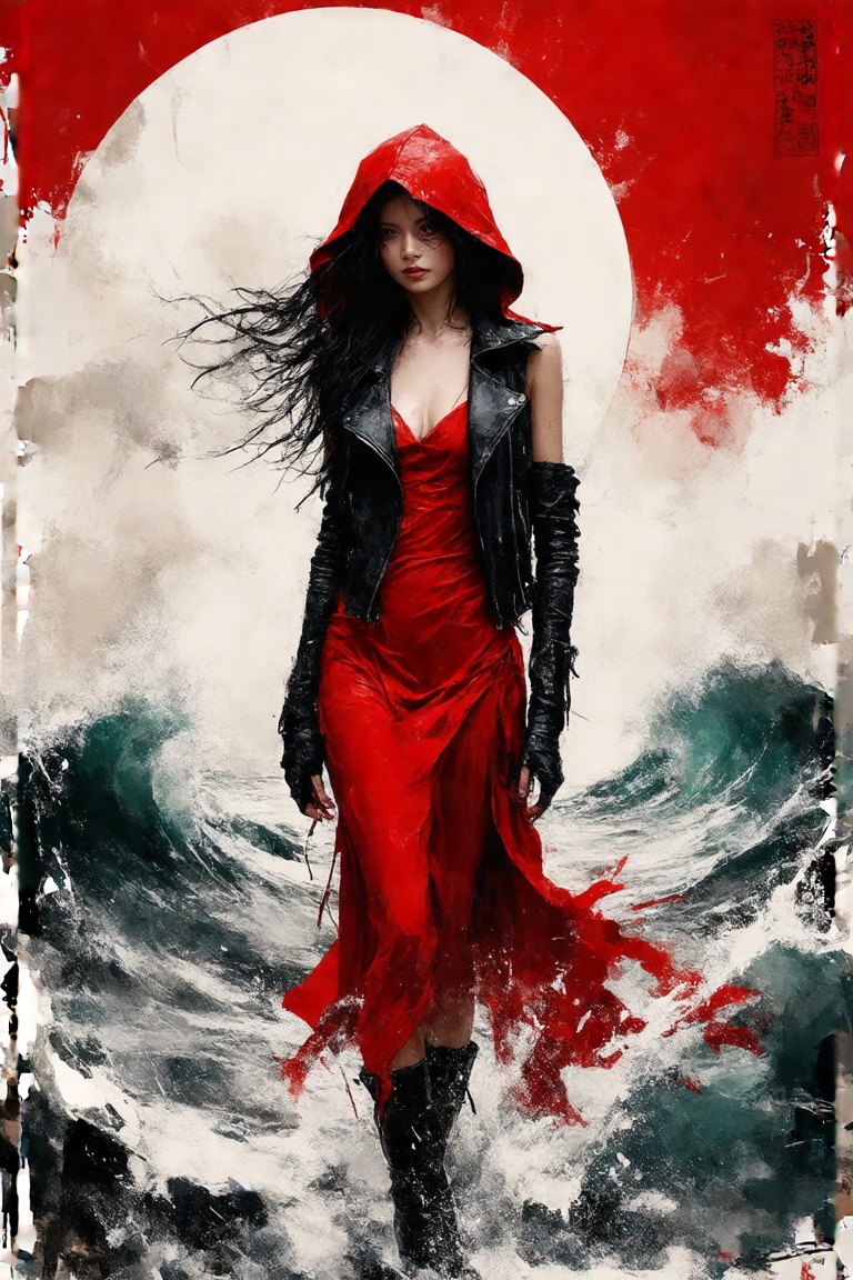 A captivating,  fantasy portrait of a confident woman standing tall in the rain,  exuding an enigmatic aura. She dons a bl...