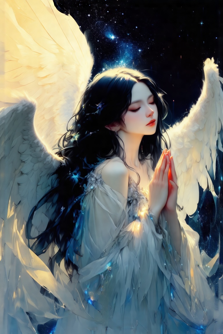 (a beautiful angel in the style of Carne Griffiths,  Conrad Roset),  (composition by Alphonse Mucha) on Tensor.Art