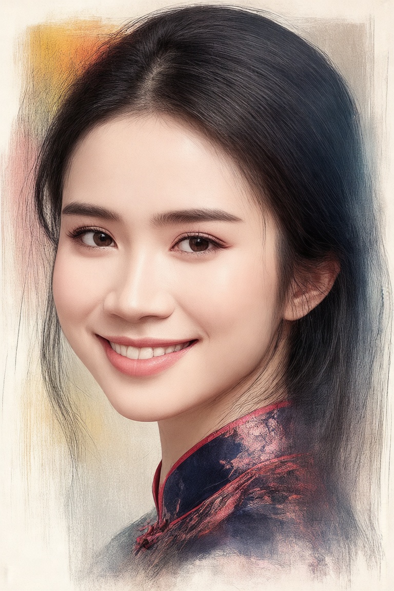 A delicate profile portrait of a Vietnamese woman,  rendered in vibrant color line art reminiscent of Basil Wolverton's wh...