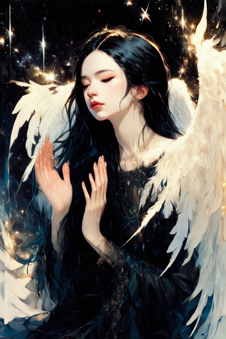 (a beautiful angel in the style of Carne Griffiths,  Conrad Roset),  (composition by Alphonse Mucha) on Tensor.Art
