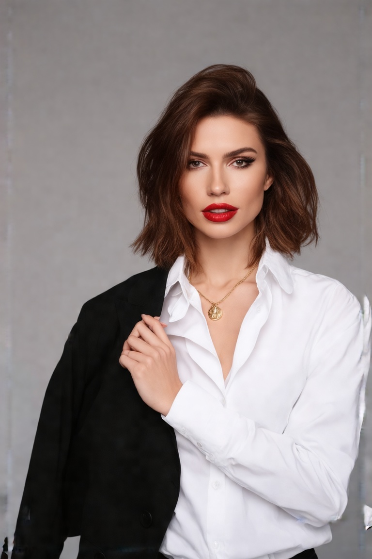 The image should feature a woman with a confident and strong gaze. She should have medium-length brown hair that is styled...