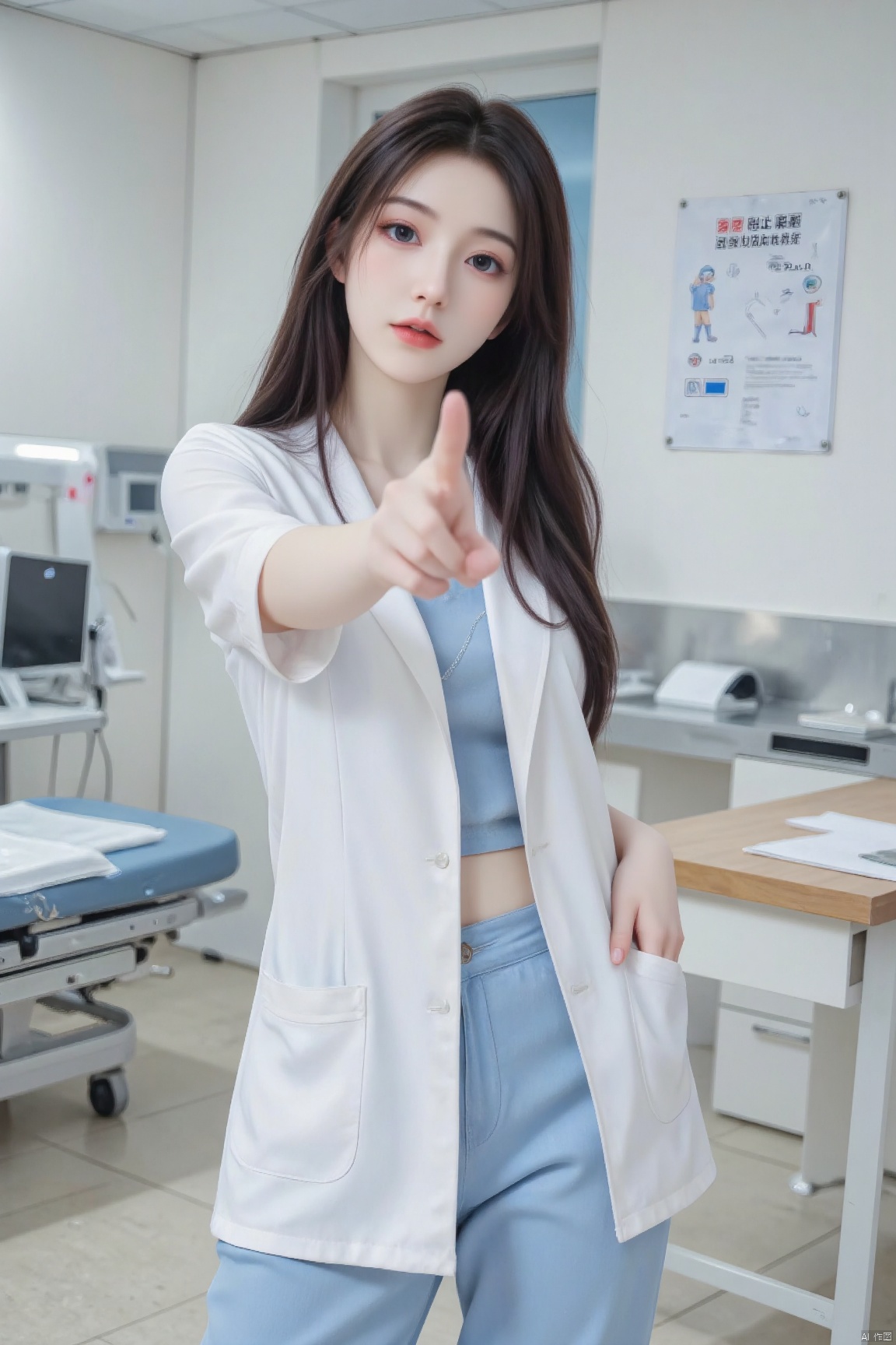 One beautiful girl as a nurse pointing at you towards the camera inside a clinic, highly detailed, ultra-high resolutions, 32K UHD, best quality, masterpiece,1girl