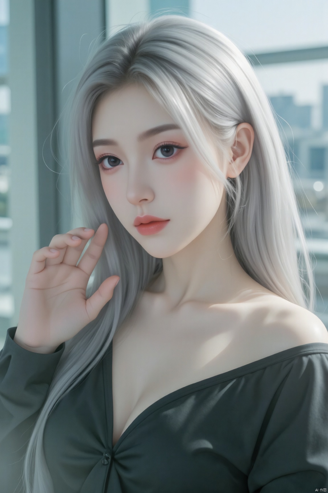 Super high resolution, masterpiece, attention to detail, highest quality, 8K, Silver hair, (big chest, charming figure, super fine skin, beautiful eyes, detailed background), (staring at the glass, pressing your chest on the glass, putting your hands on the glass, breasts on the glass: 1.5)