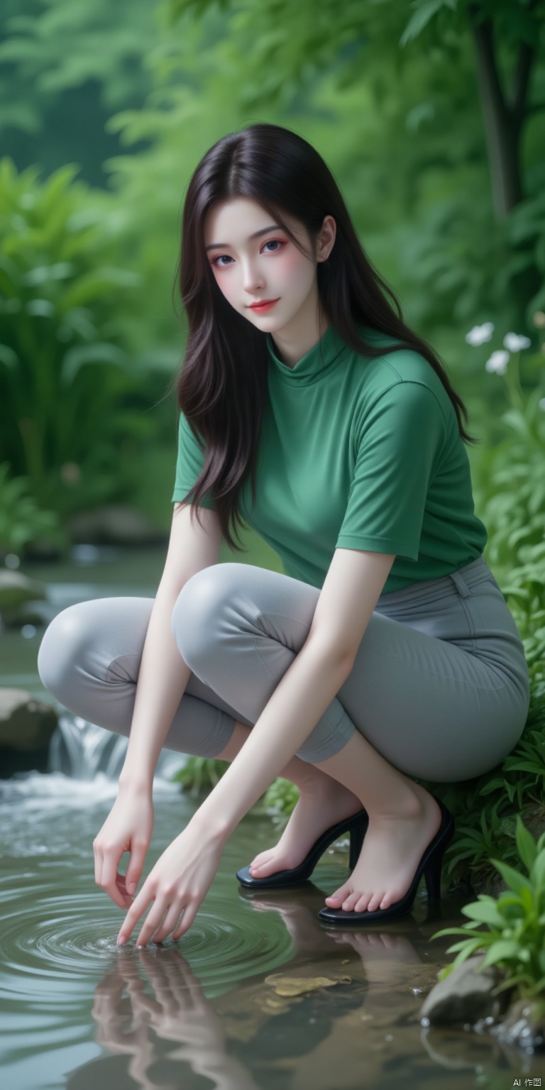A fresh woman with shawl long hair, wearing green tight short sleeves and gray tight cropped pants.
Lush forests, clear streams gurgling, and various wild flowers along the streams.
The woman squatted by the stream, gently stroking the water with her hands, with a pleasant smile on her face.1girl,yuanyao