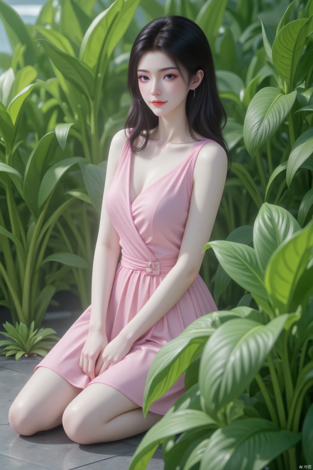 1girl,Green plants,,Pink dress,black hair,realistic,bare shoulders,long hair,(8k, RAW photo, best quality, masterpiece:1.2),(realistic, photo-realistic:1.37),photon mapping,professional lighting,radiosity,Looking at you with a smile,Kneel on the ground