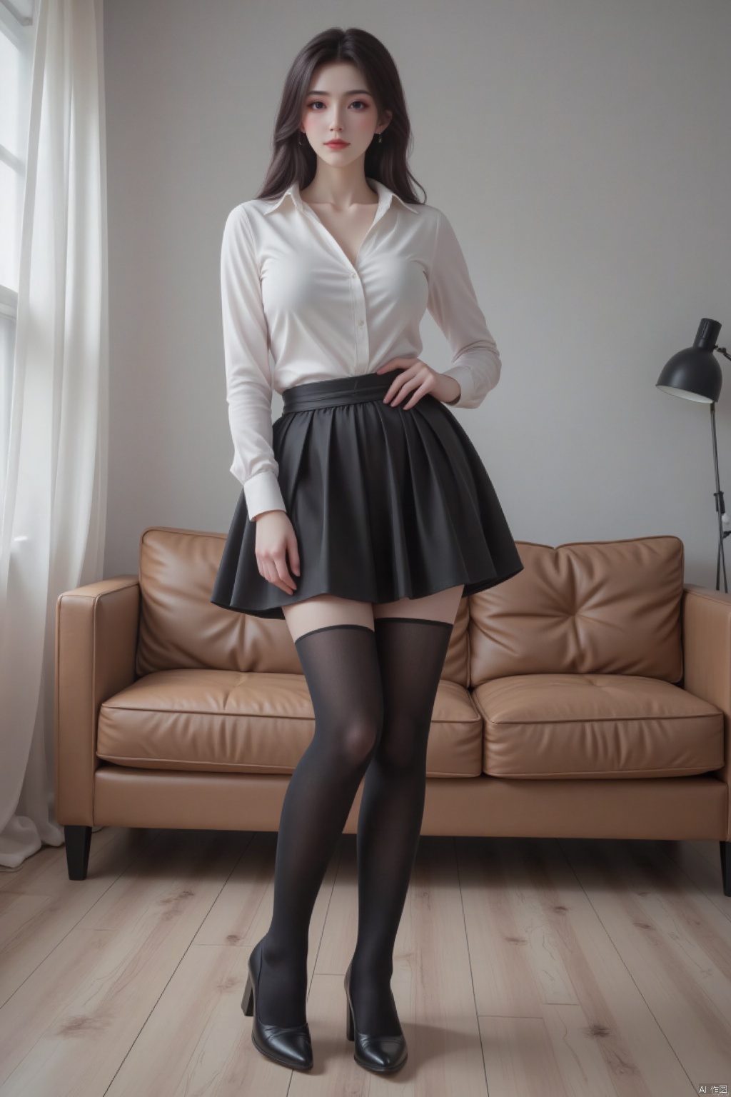 A beautiful woman,Big breasts,Black silk and long legs,Bend down in front of you,Smile at you,High heels,Short shirts, Hip skirt,School uniform,Black stockings,Ultra-low wide-angle lens,