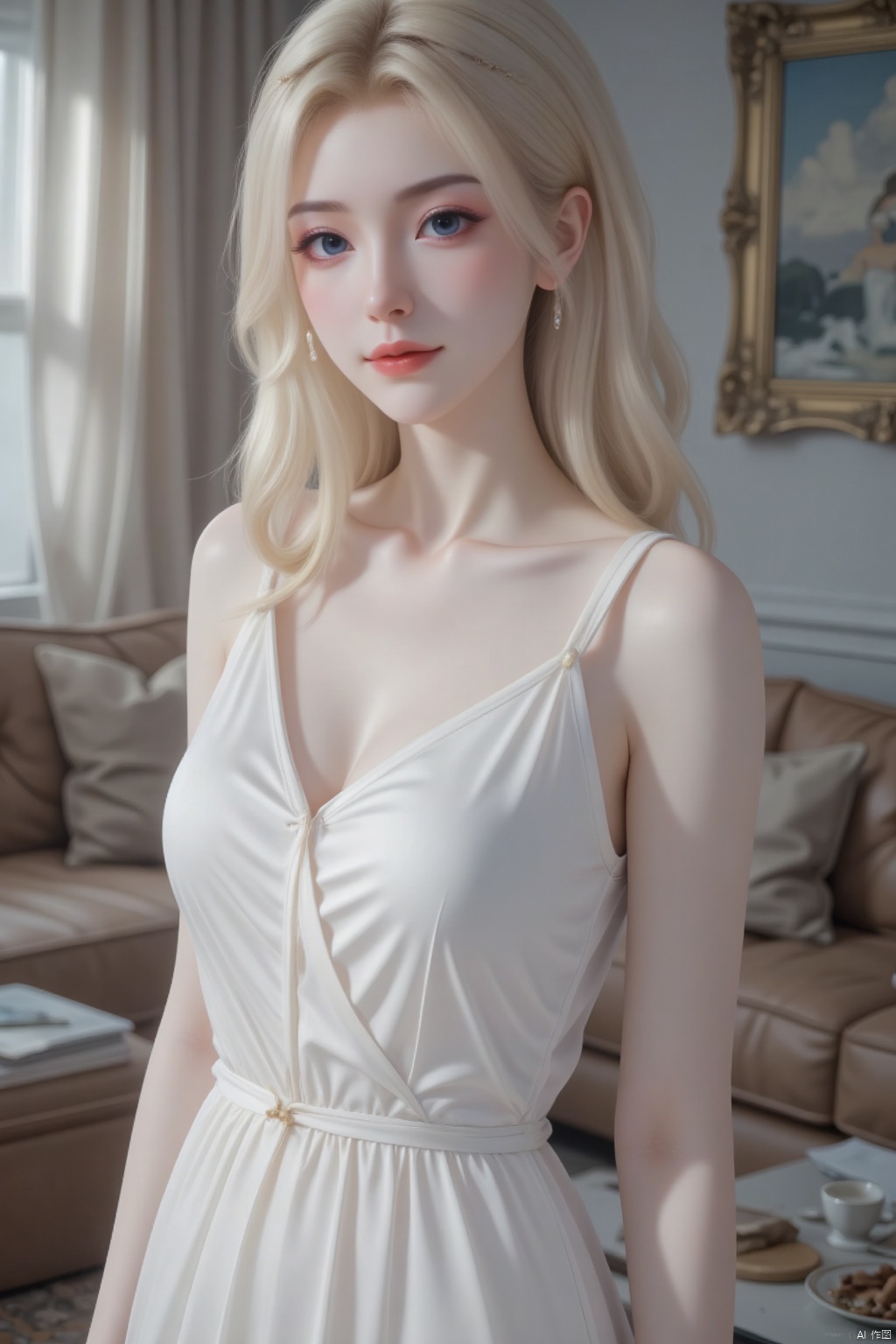 solo BREAK ((magazine cover)), masterpiece 20 yo, 1 girl, , head to thigh portrait,nightgown,solo, {beautiful and detailed eyes}, blue eyes, calm expression, delicate facial features, ((model pose)), Glamor body type,blond hair ,hair_past_waist,curly hair,very long hair,simple tiny earrings,simple tiny necklace, flim grain, realhands, masterpiece, Best Quality, 16k, photorealistic, ultra-detailed, finely detailed, high resolution, perfect dynamic composition, beautiful detailed blue eyes, eye smile,smile , sharp-focus, standing,model pose,,head to thigh portrait, body face to viewer