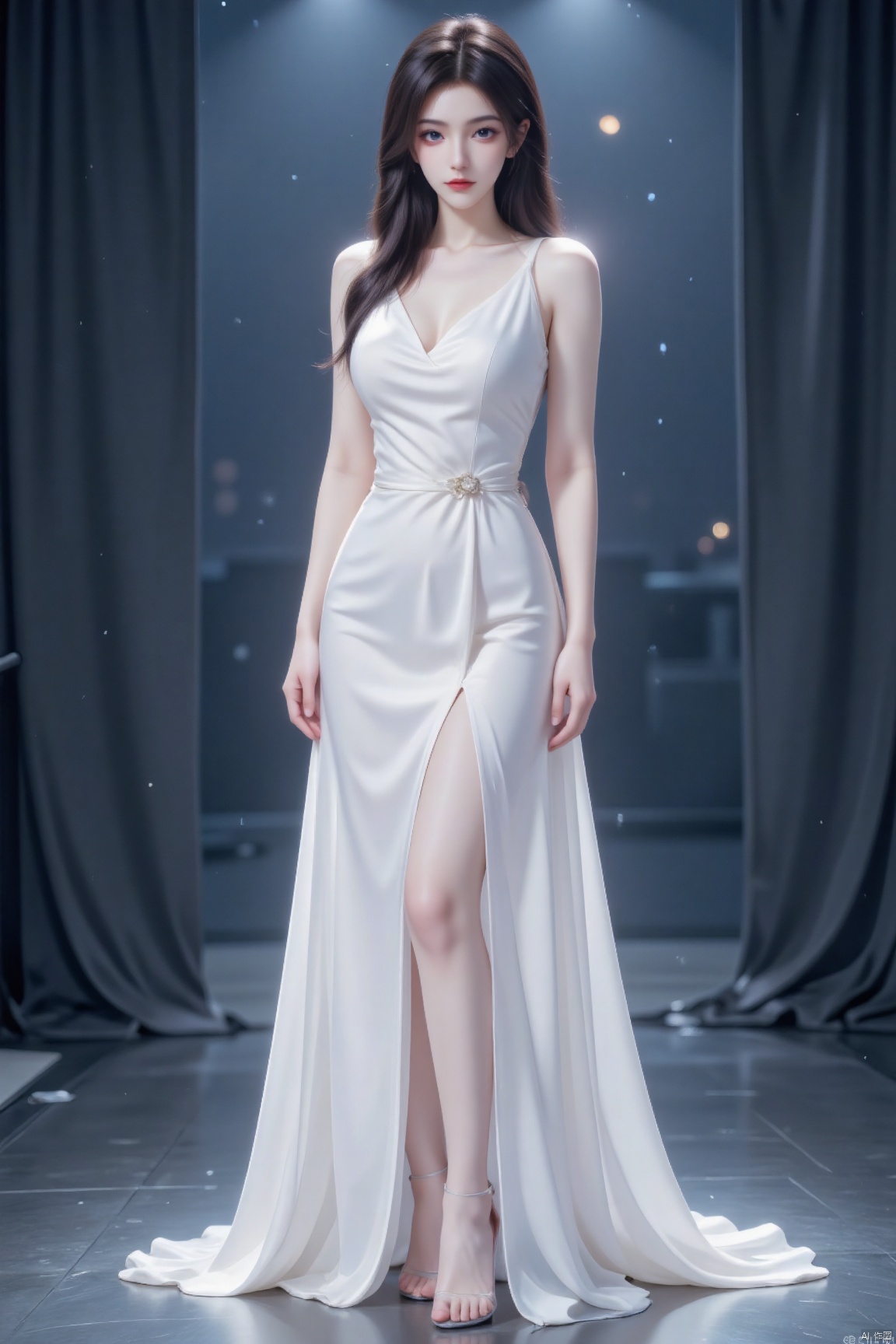 1girl,long hair,Translucent white dress,Big breasts,Beautiful legs,Starlight heels,Starlight clothes,At night,After the rain,On the stage,yuanyao
