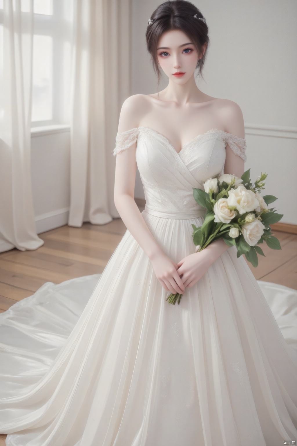 An elegant woman in a wedding dress. The white wedding dress fits the body tightly, and the train is scattered on the ground like clouds, with lace delicately embellished on it. Wedding dress cut, strapless, tube top wedding dress. Coiled hair, silver-white hairpins, red lips, and gentle eyes. The smooth and slender arms held a bouquet of flowers. Stand slightly sideways and look directly into the camera. The background is indoor, wooden floor, white curtains, simple background, blurred background. Bare shoulders, collarbones, big breasts, rope breastps, huge breasts, protruding breasts, close-up of breasts, exposing most of the upper breasts. Cowboy shots. Focus, Professional Photography, Film Grain, Bokeh, Light Tracing, Dynamic Lighting, Tilt Camera, Lens Flare, (((Masterpiece)), (Best Quality)), NSF, from below.