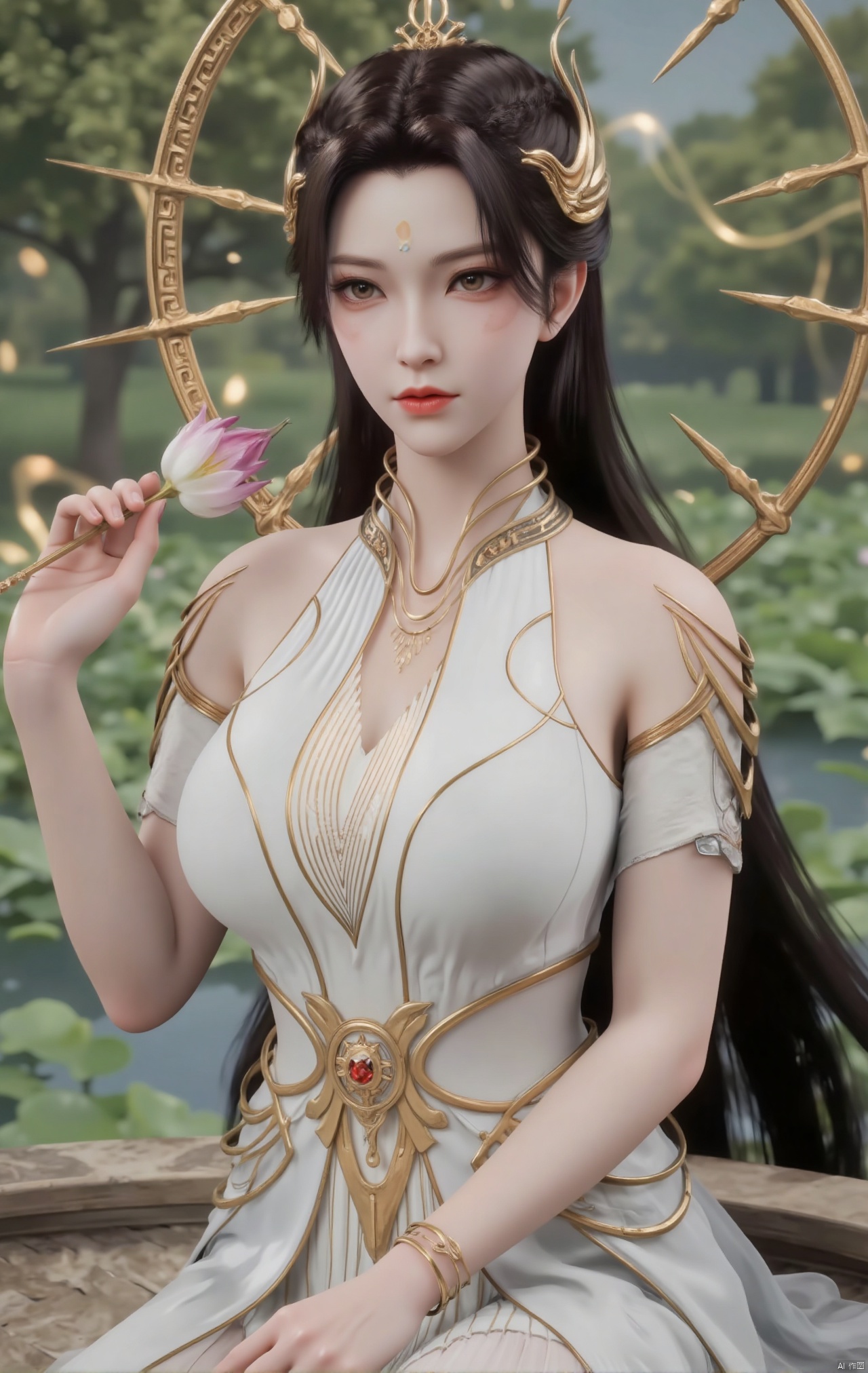  masterpiece,1girl,black hair,(Sitting by the lotus pond in the garden:1.3),(short dress:1.39),black eyes,beautiful face,short sleeves,holding flower,looking at viewer,(huge breasts:2.79),(full breasts:1.99),Xzhaoliner,Xyaoxi,Xsulingyun,XyunluoX,Xhenrendadi,Xlannuo