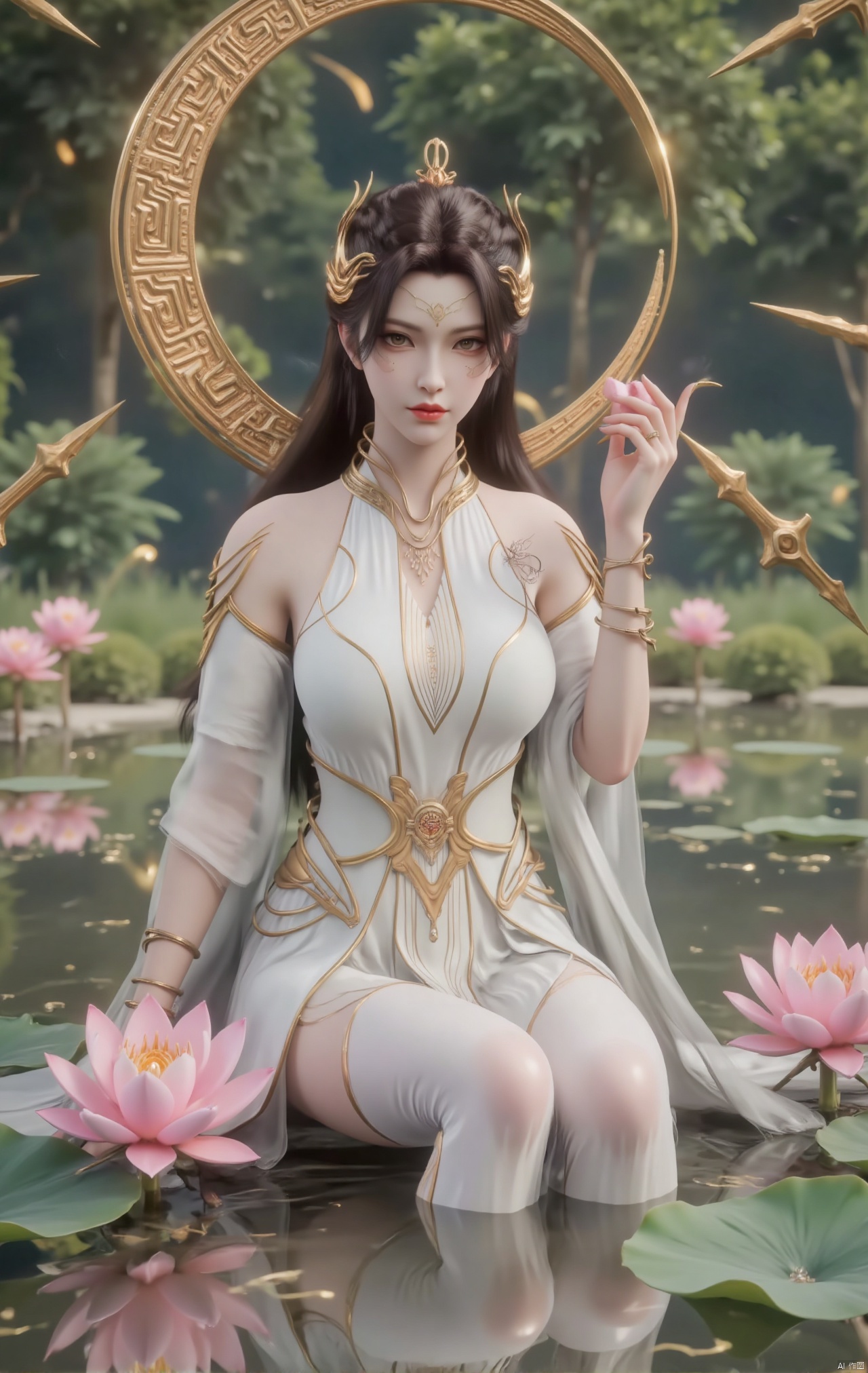  masterpiece,1girl,black hair,(Sitting by the lotus pond in the garden:1.3),(short dress:1.39),black eyes,beautiful face,short sleeves,holding flower,looking at viewer,(huge breasts:2.79),(full breasts:1.99),Xzhaoliner,Xyaoxi,Xsulingyun,XyunluoX,Xhenrendadi,Xlannuo