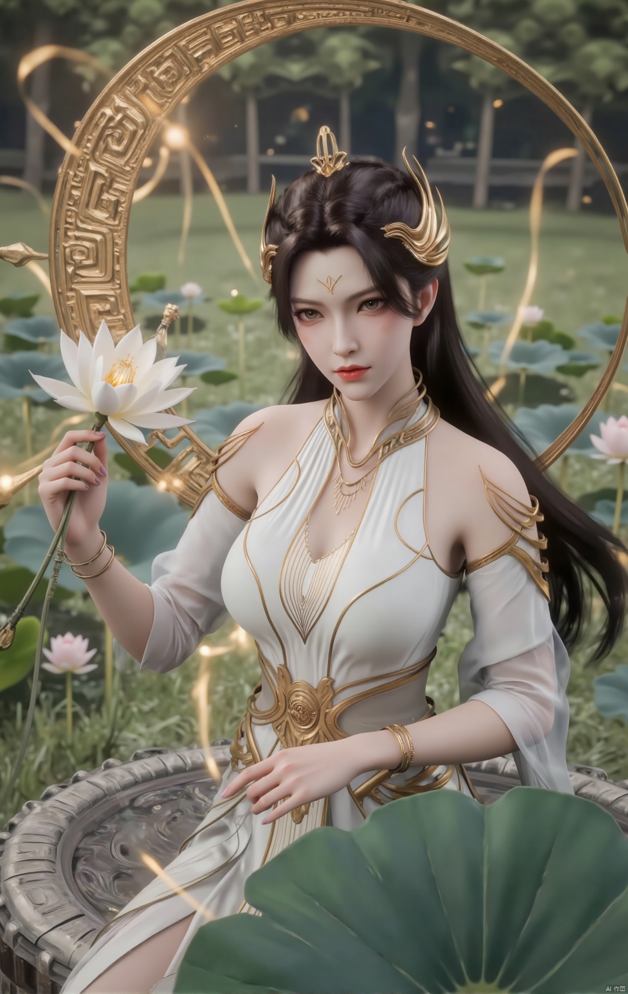  masterpiece,1girl,black hair,(Sitting by the lotus pond in the garden:1.3),(short dress:1.39),black eyes,beautiful face,short sleeves,holding flower,looking at viewer,(huge breasts:2.79),(full breasts:1.99),Xzhaoliner,Xyaoxi,Xsulingyun,XyunluoX,Xhenrendadi,Xlannuo