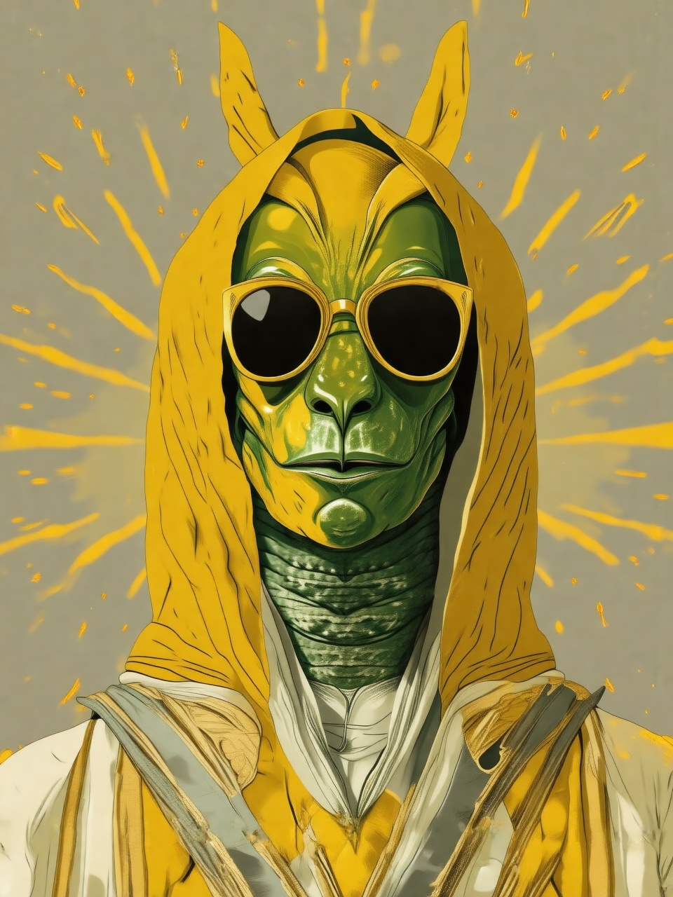 illustration Halloween,  Biomorphic Alien Male Argonian,  in Mustard Yellow and Charcoal sunglasses on Tensor.Art