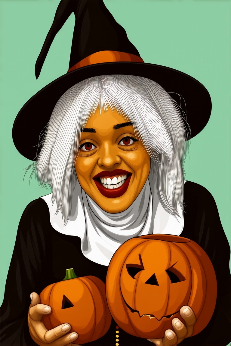 scary smile of an evil wicked witch of the west holding a jack - o - lantern,  spooky and scary atmosphere,  halloween art...