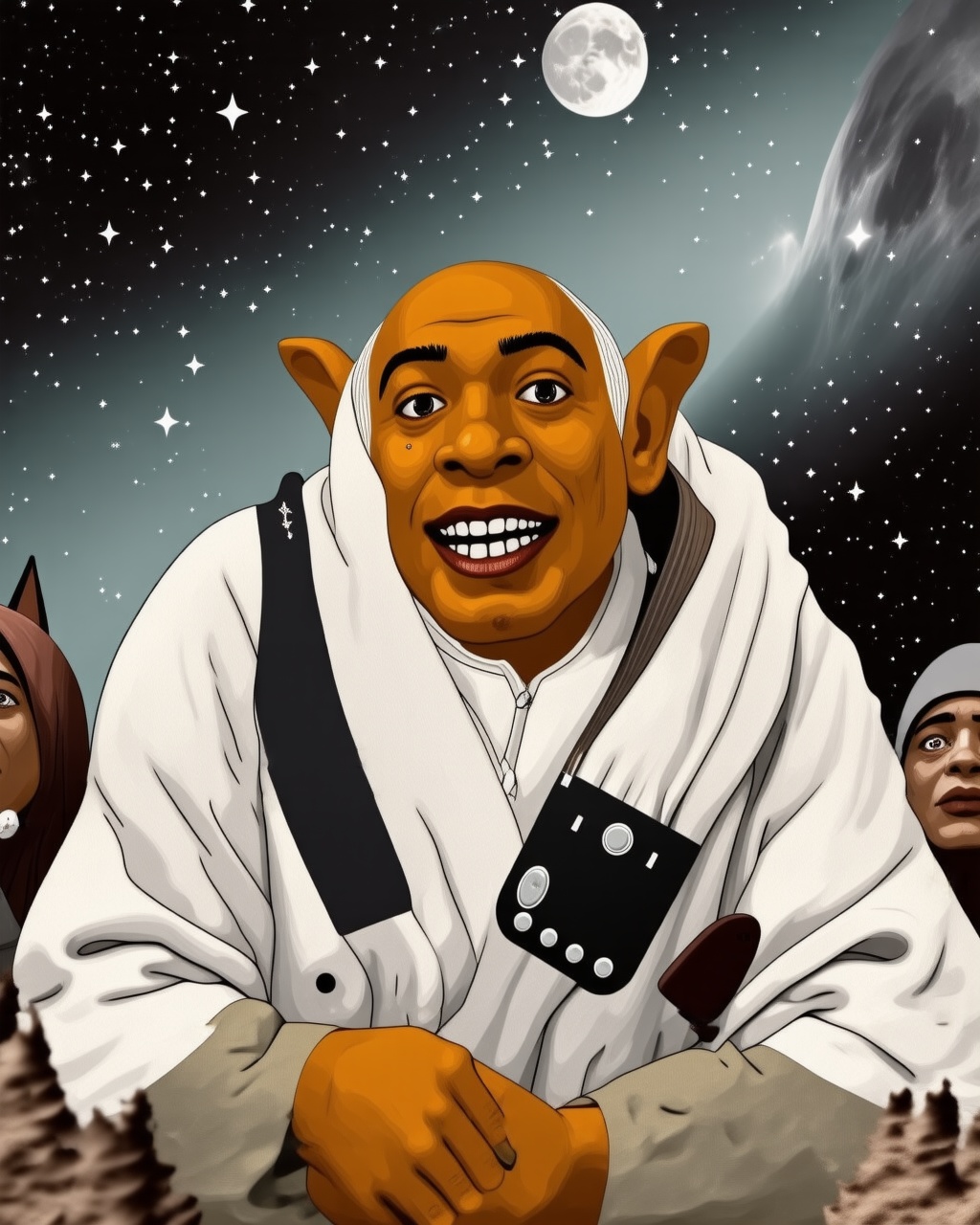 shrek in a moon colony angry nad hungry,  Illustration Adrr-vctr on Tensor.Art