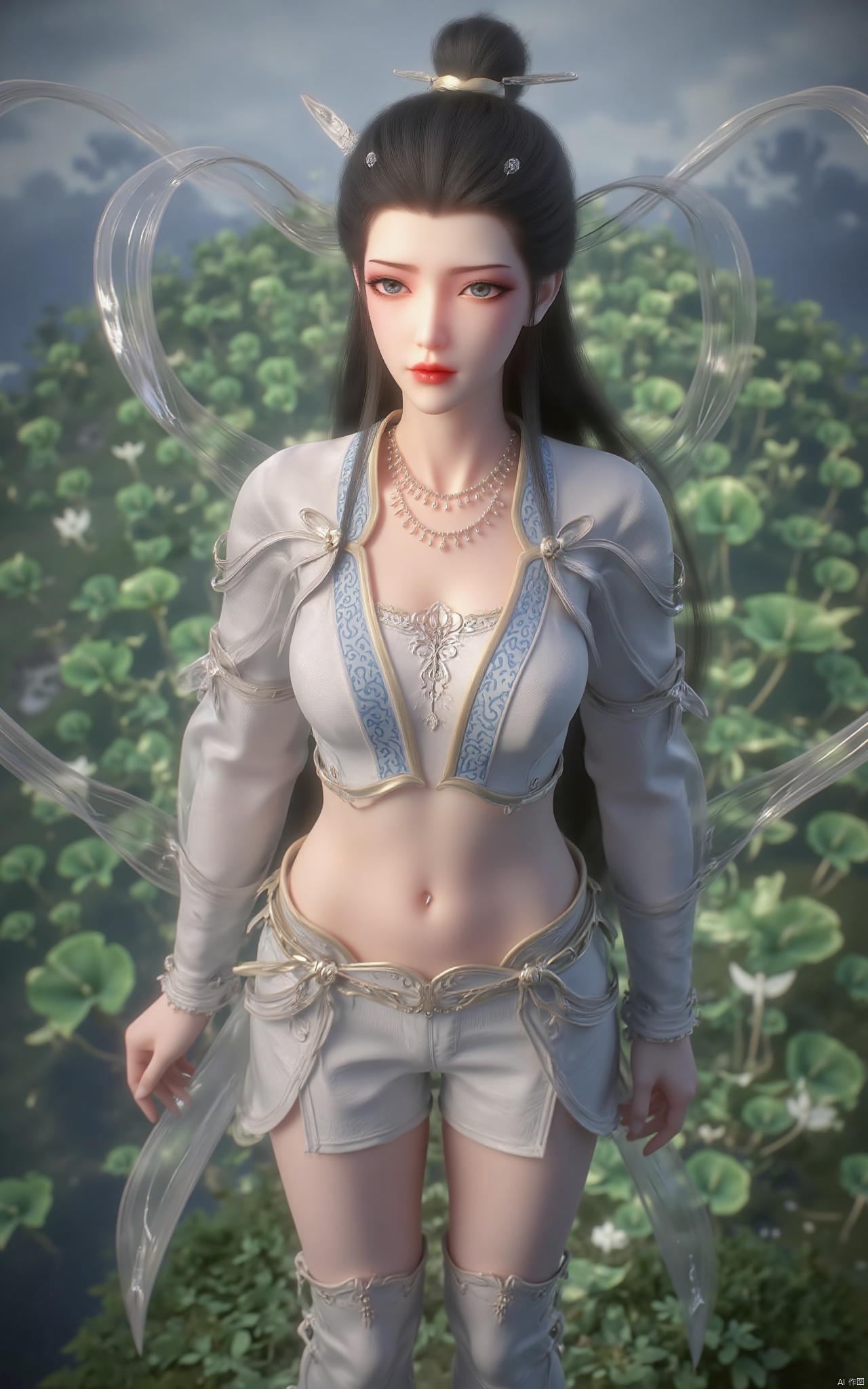 masterpiece,(best quality),official art, (1girl), (solo), ((looking_at_viewer)),(huge breasts:2.39),(full breasts:1.99),Xzhaoliner,(Lotus pond, lotus:1.52),Xyanqingcheng,Xxiyouqin,Xhongdie,Xlannuo,Xtianhuxianzi,Xhenrendadi