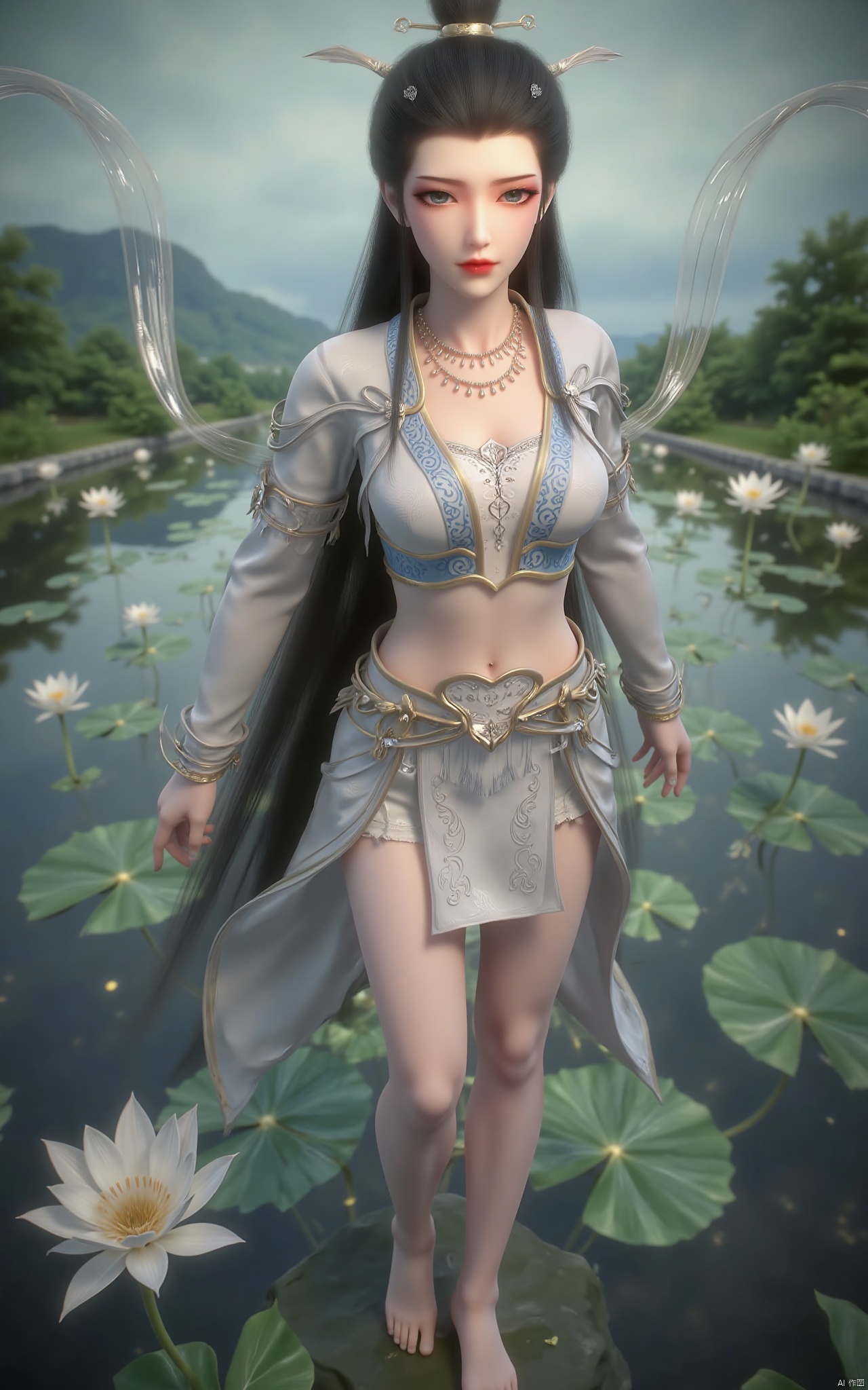masterpiece,(best quality),official art, (1girl), (solo), ((looking_at_viewer)),(huge breasts:2.39),(full breasts:1.99),Xzhaoliner,(Lotus pond, lotus:1.52),Xyanqingcheng,Xxiyouqin,Xhongdie,Xlannuo,Xtianhuxianzi,Xhenrendadi