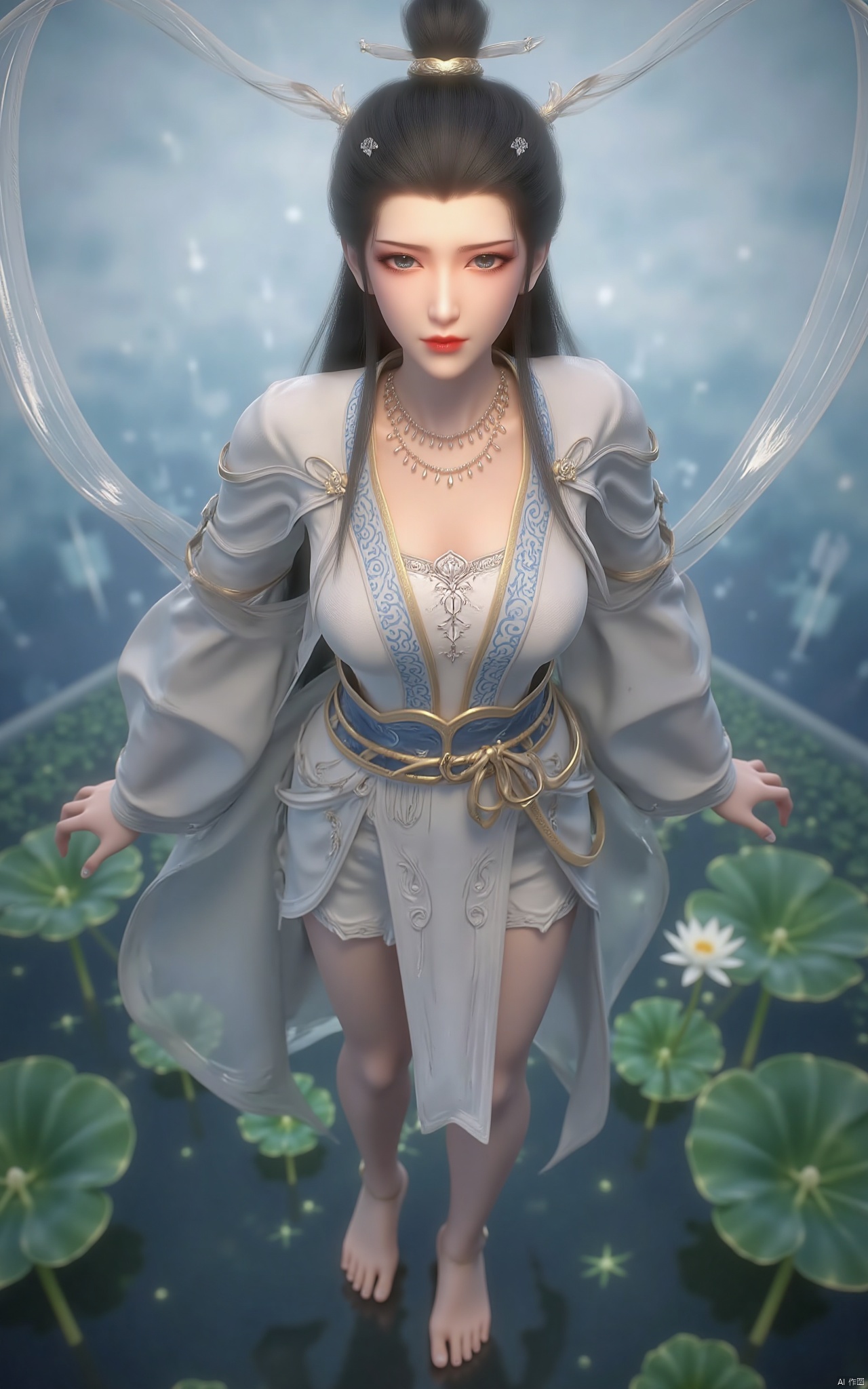 masterpiece,(best quality),official art, (1girl), (solo), ((looking_at_viewer)),(huge breasts:2.39),(full breasts:1.99),Xzhaoliner,(Lotus pond, lotus:1.52),Xyanqingcheng,Xxiyouqin,Xhongdie,Xlannuo,Xtianhuxianzi,Xhenrendadi