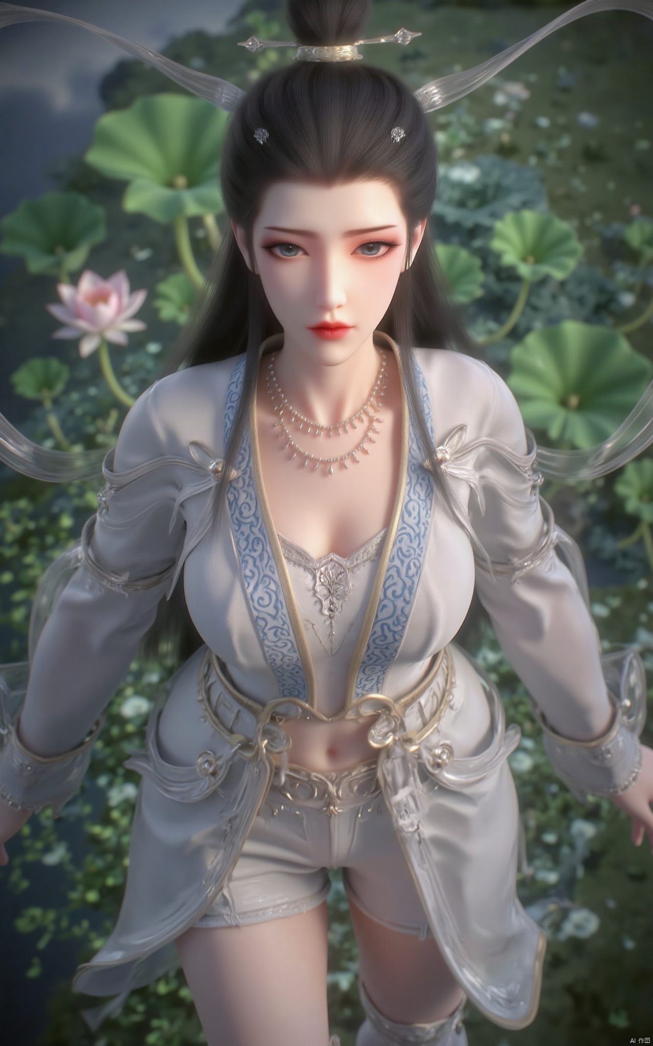 masterpiece,(best quality),official art, (1girl), (solo), ((looking_at_viewer)),(huge breasts:2.39),(full breasts:1.99),Xzhaoliner,(Lotus pond, lotus:1.52),Xyanqingcheng,Xxiyouqin,Xhongdie,Xlannuo,Xtianhuxianzi,Xhenrendadi