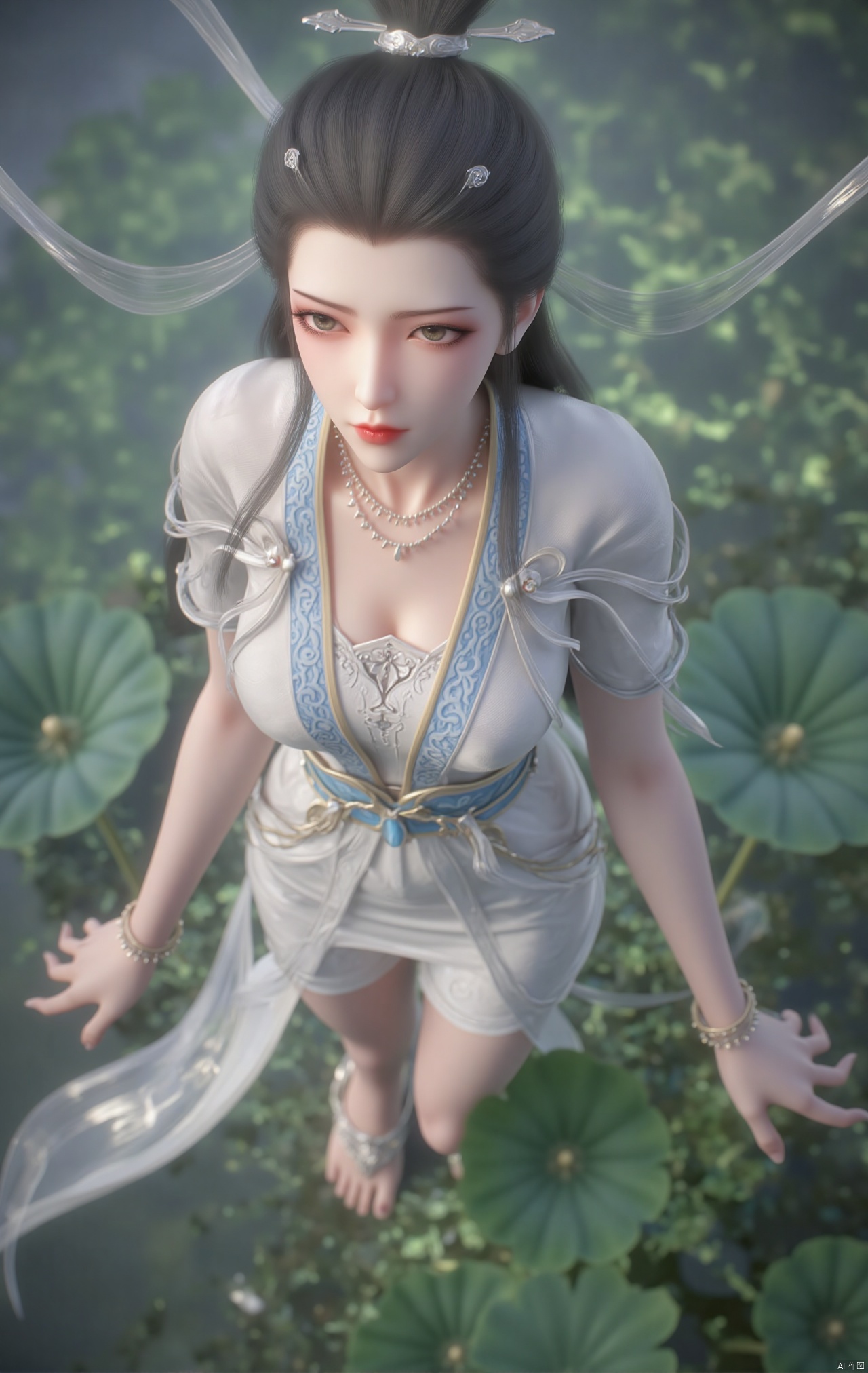  masterpiece,1girl,black hair,(Sitting by the lotus pond in the garden:1.3),(short dress:1.39),black eyes,beautiful face,short sleeves,holding flower,looking at viewer,(huge breasts:2.79),(full breasts:1.99),Xzhaoliner,Xyaoxi,Xsulingyun,XyunluoX,Xhenrendadi,Xlannuo