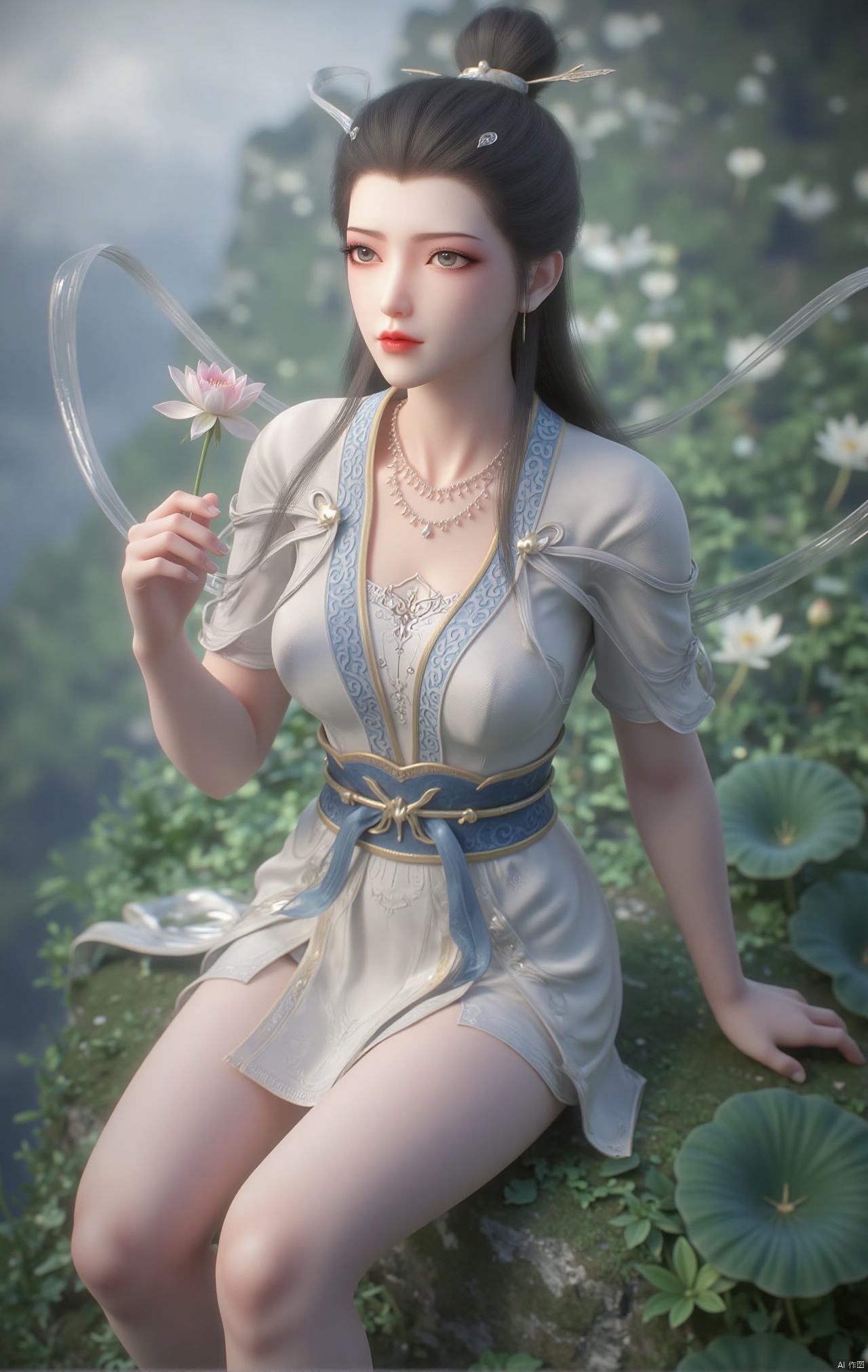  masterpiece,1girl,black hair,(Sitting by the lotus pond in the garden:1.3),(short dress:1.39),black eyes,beautiful face,short sleeves,holding flower,looking at viewer,(huge breasts:2.79),(full breasts:1.99),Xzhaoliner,Xyaoxi,Xsulingyun,XyunluoX,Xhenrendadi,Xlannuo