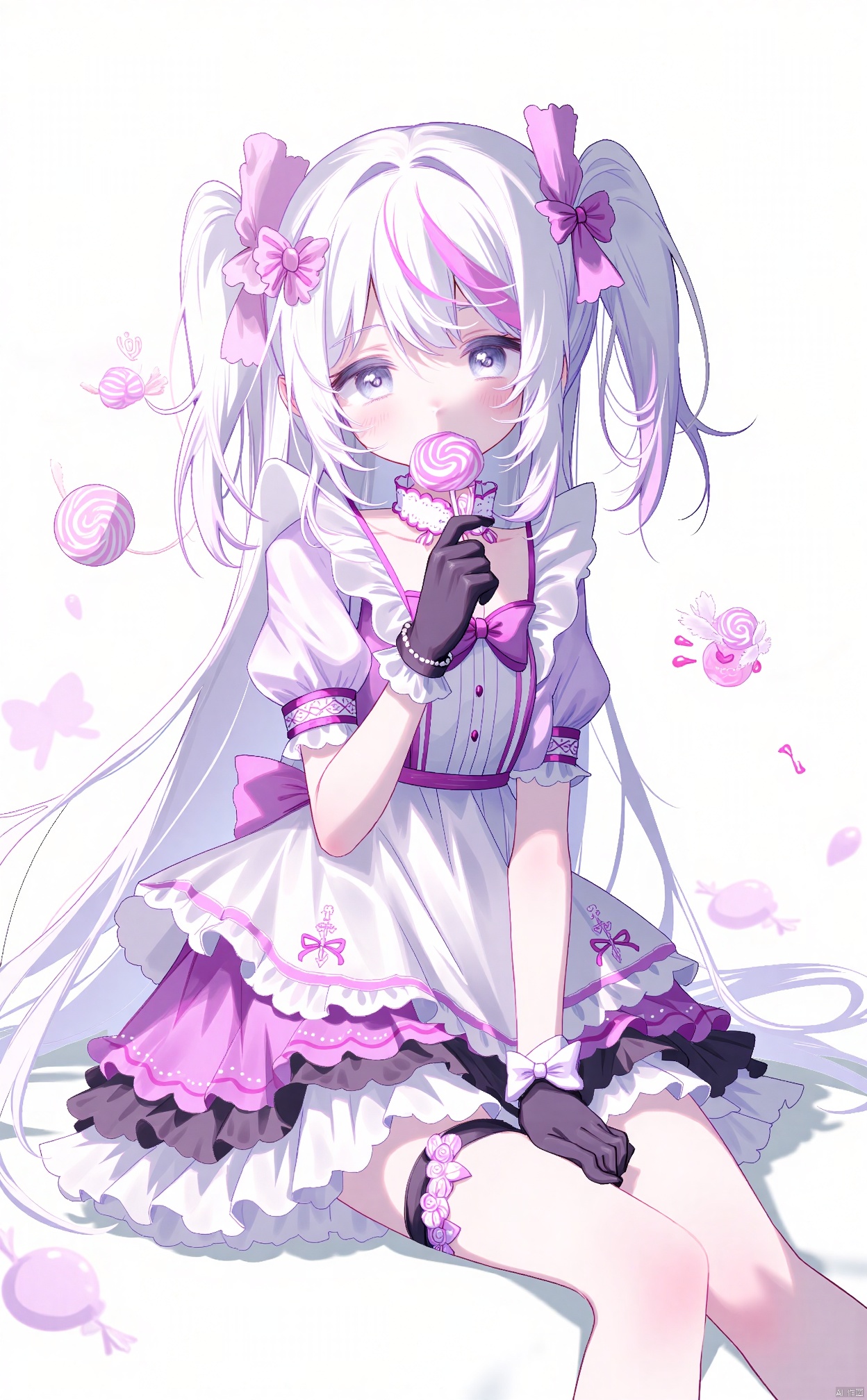 1girl, solo, long hair, looking at viewer, bangs, gloves, dress, bow, sitting, full body, white hair, short sleeves, multicolored hair, frills, black gloves, striped, puffy sleeves, grey eyes, thigh strap, candy, 
