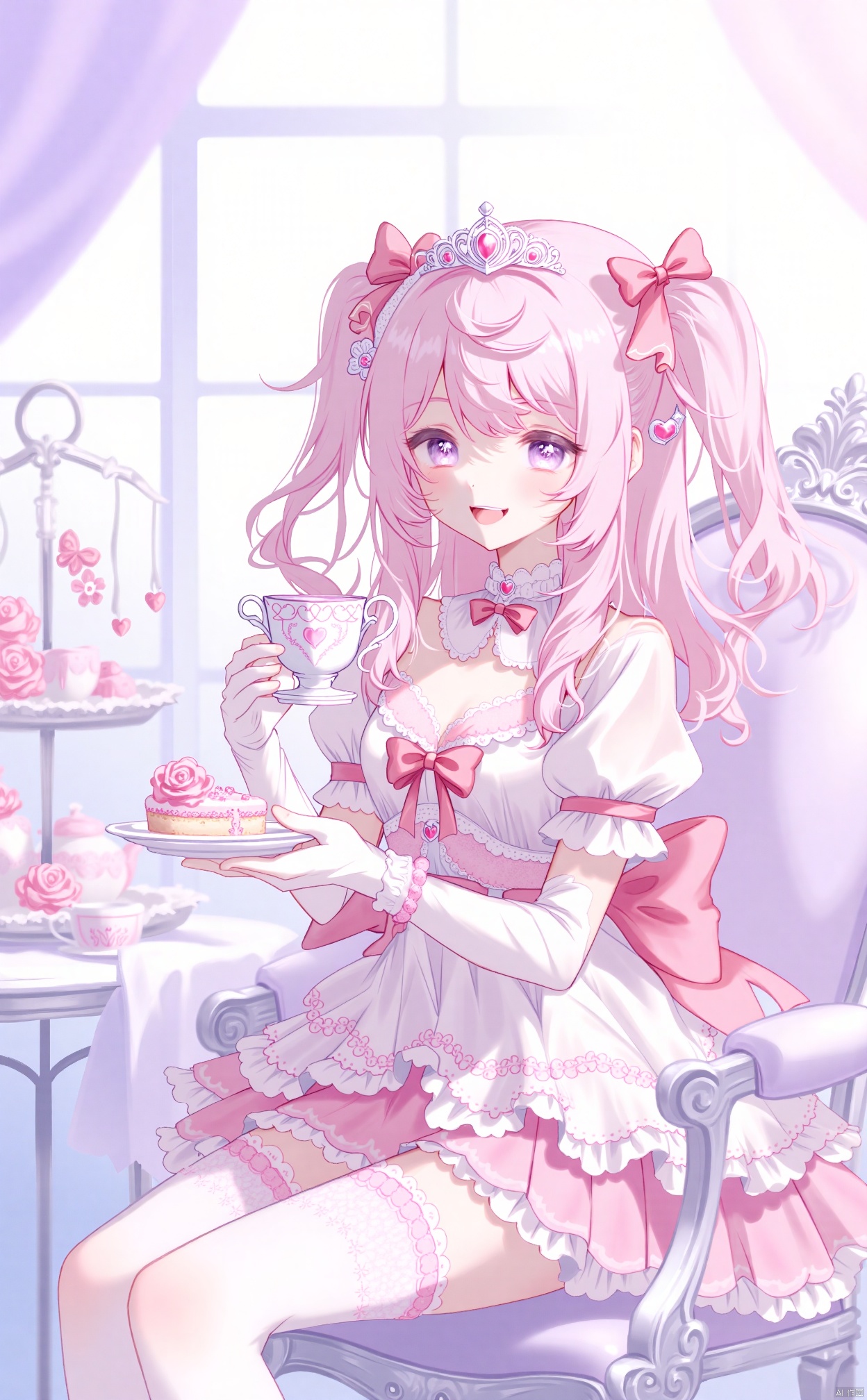 1girl, solo, long hair, breasts, looking at viewer, blush, smile, open mouth, bangs, hair ornament, thighhighs, gloves, dress, bow, holding, cleavage, medium breasts, sitting, very long hair, purple eyes, pink hair, flower, short sleeves, :d, frills, food, elbow gloves, puffy sleeves, indoors, white gloves, hair flower, white dress, blurry, white thighhighs, cup, puffy short sleeves, see-through, clothing_cutout, window, blurry background, feet out of frame, rose, chair, cleavage_cutout, table, frilled dress, tiara, pink bow, pink dress, holding cup, pink flower, plate, teacup, cake, knees together feet apart, teapot, layered dress, pink rose, on chair, saucer, cake slice, tiered tray, BREAK fine fabric emphasis,best quality,masterpiece,amazing quality,very aesthetic,absurdres,Highly detailed,