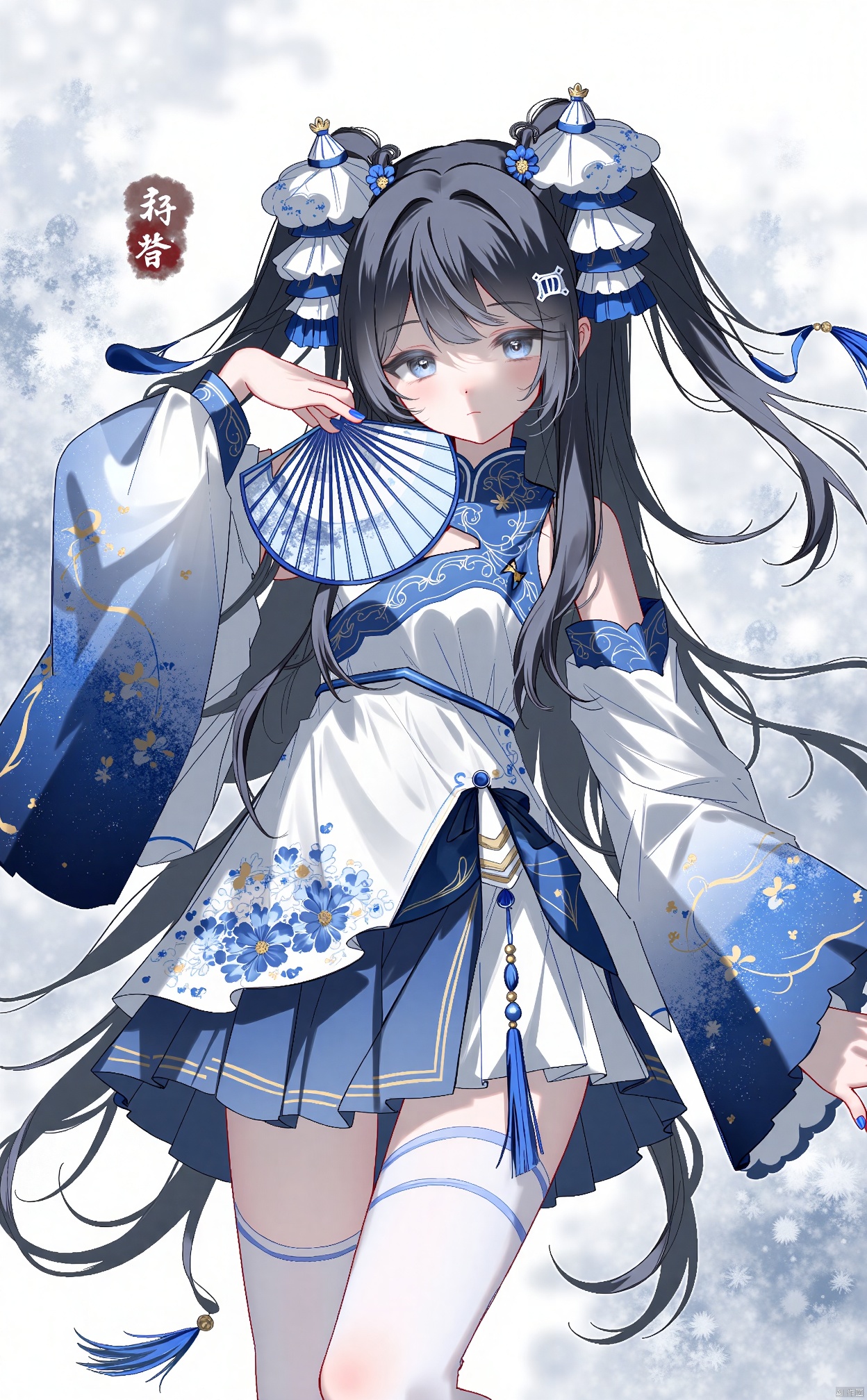 1girl, solo, long hair, looking at viewer, bangs, blue eyes, skirt, black hair, hair ornament, thighhighs, long sleeves, dress, holding, bare shoulders, closed mouth, flower, detached sleeves, hair flower, wide sleeves, nail polish, arm up, white thighhighs, two side up, chinese clothes, tassel, hand fan, blue nails, BREAK fine fabric emphasis,best quality,masterpiece,amazing quality,very aesthetic,absurdres,Highly detailed,
