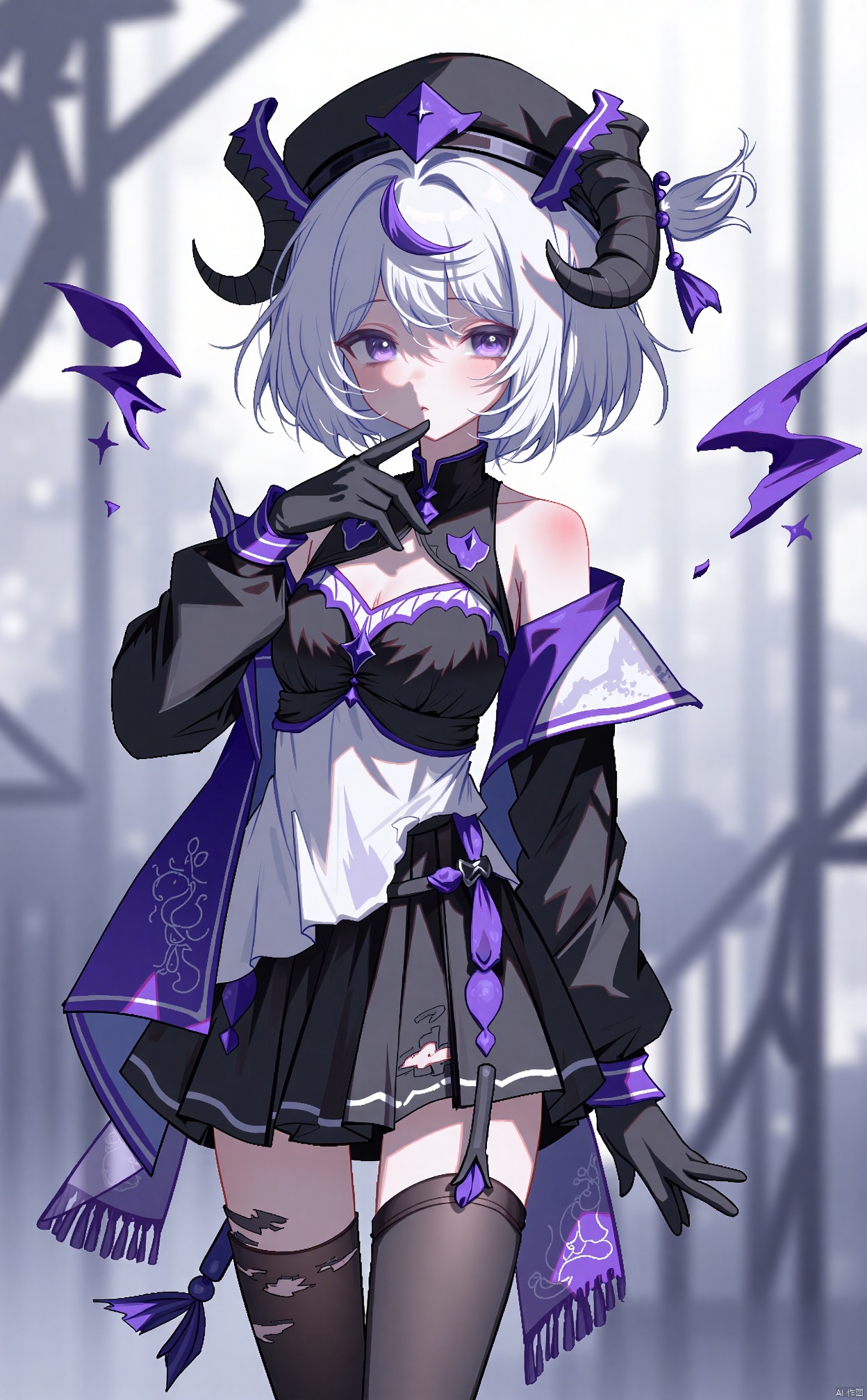 1girl, solo, breasts, looking at viewer, short hair, bangs, skirt, thighhighs, gloves, hat, hair between eyes, bare shoulders, standing, white hair, pantyhose, boots, horns, alternate costume, miniskirt, black skirt, blurry, torn_clothes, black headwear, blurry background, finger to mouth, w \(arknights\), BREAK fine fabric emphasis,best quality,masterpiece,amazing quality,very aesthetic,absurdres,Highly detailed,