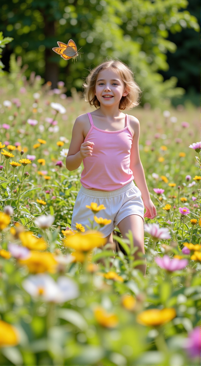 A whimsical 11-year-old girl with a petite and well-formed adorable frame frolics in a sun-kissed meadow,  her bright blue...