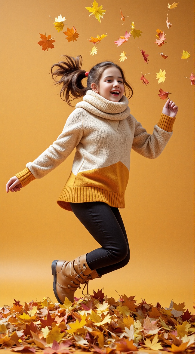 Autumn Leaves Adventure She leaps into a pile of golden autumn leaves,  scattering them everywhere as her laughter fills t...
