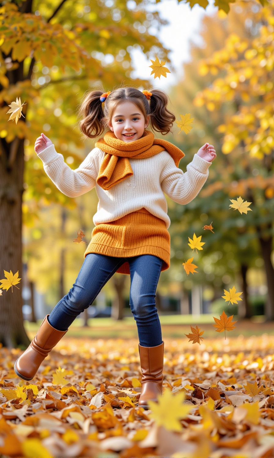 Autumn Leaves Adventure She leaps into a pile of golden autumn leaves,  scattering them everywhere as her laughter fills t...