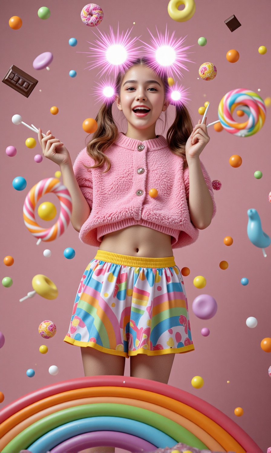 Whimsical Candy Magic: The girl twirls a wand,  and candy bursts into existence around her—lollipops,  chocolate bars on T...
