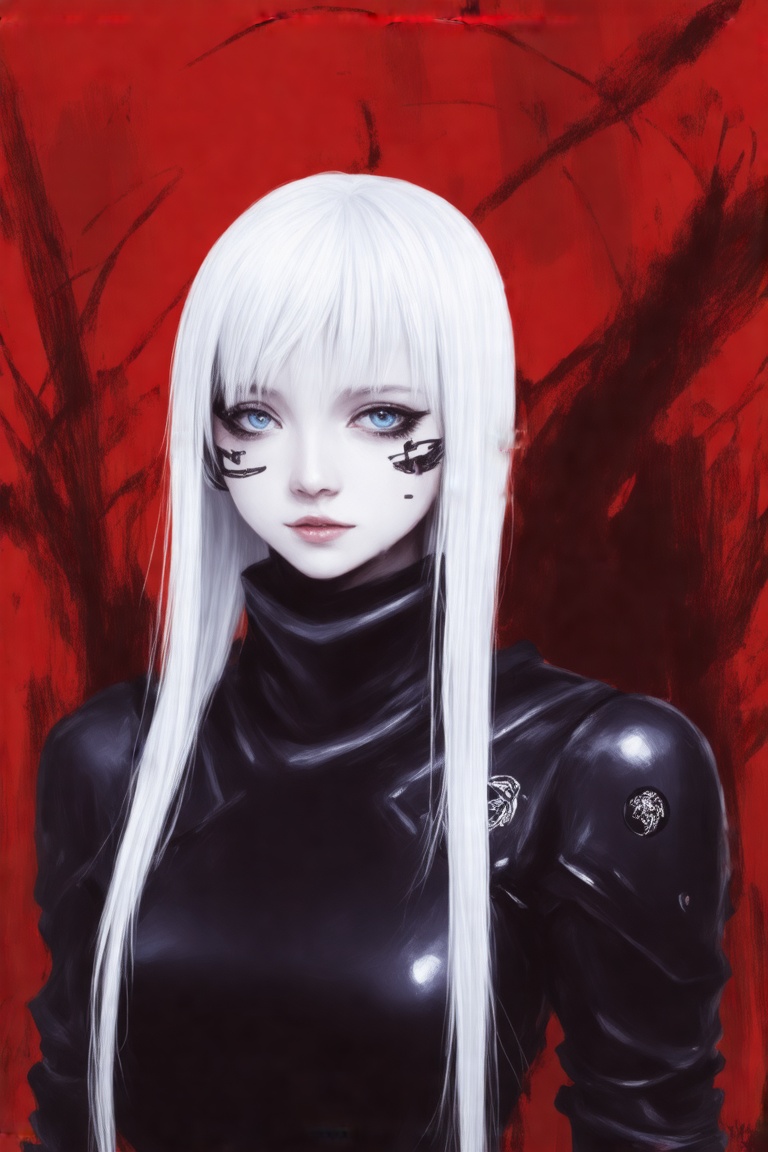 This image by tsutomi nihei is a digital painting featuring a young woman with a striking appearance. She has long,  strai...